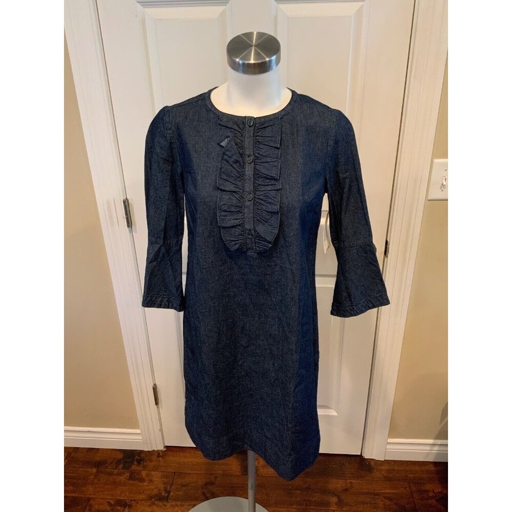 Draper James Blue Chambray Ruffle Shirt Dress W/ Ruffle Front Dress, Size 0, NWT